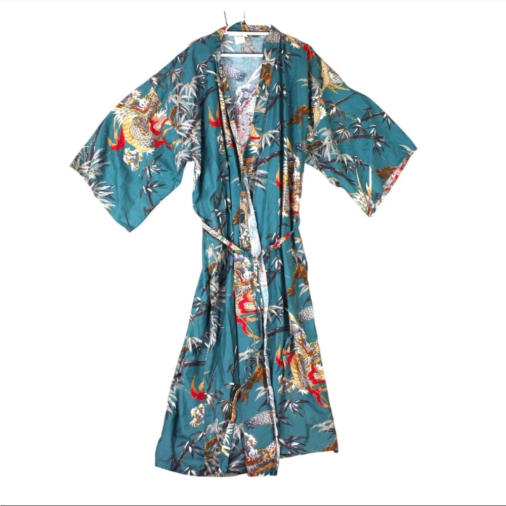 Vintage Japanese Kimono Dragon Tiger Paint 100% Cotton Teal Belted One Size - Picture 5 of 12